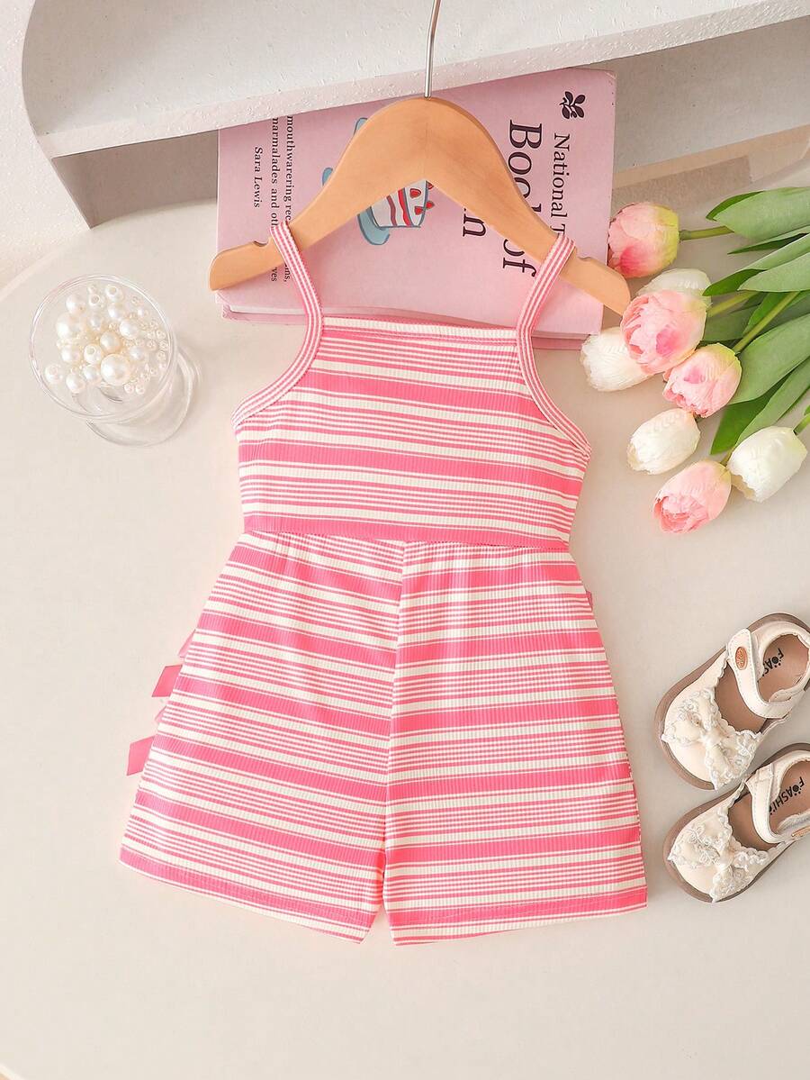 Cute Baby Girl Sleeveless Ribbed Short Jumpsuit With Bow Detail Casual Summer Wear
