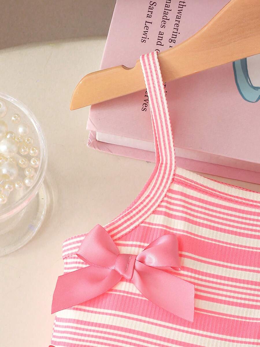 Cute Baby Girl Sleeveless Ribbed Short Jumpsuit With Bow Detail Casual Summer Wear