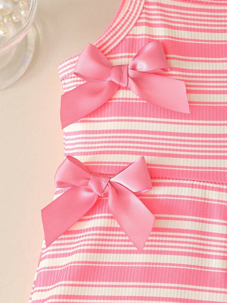 Cute Baby Girl Sleeveless Ribbed Short Jumpsuit With Bow Detail Casual Summer Wear