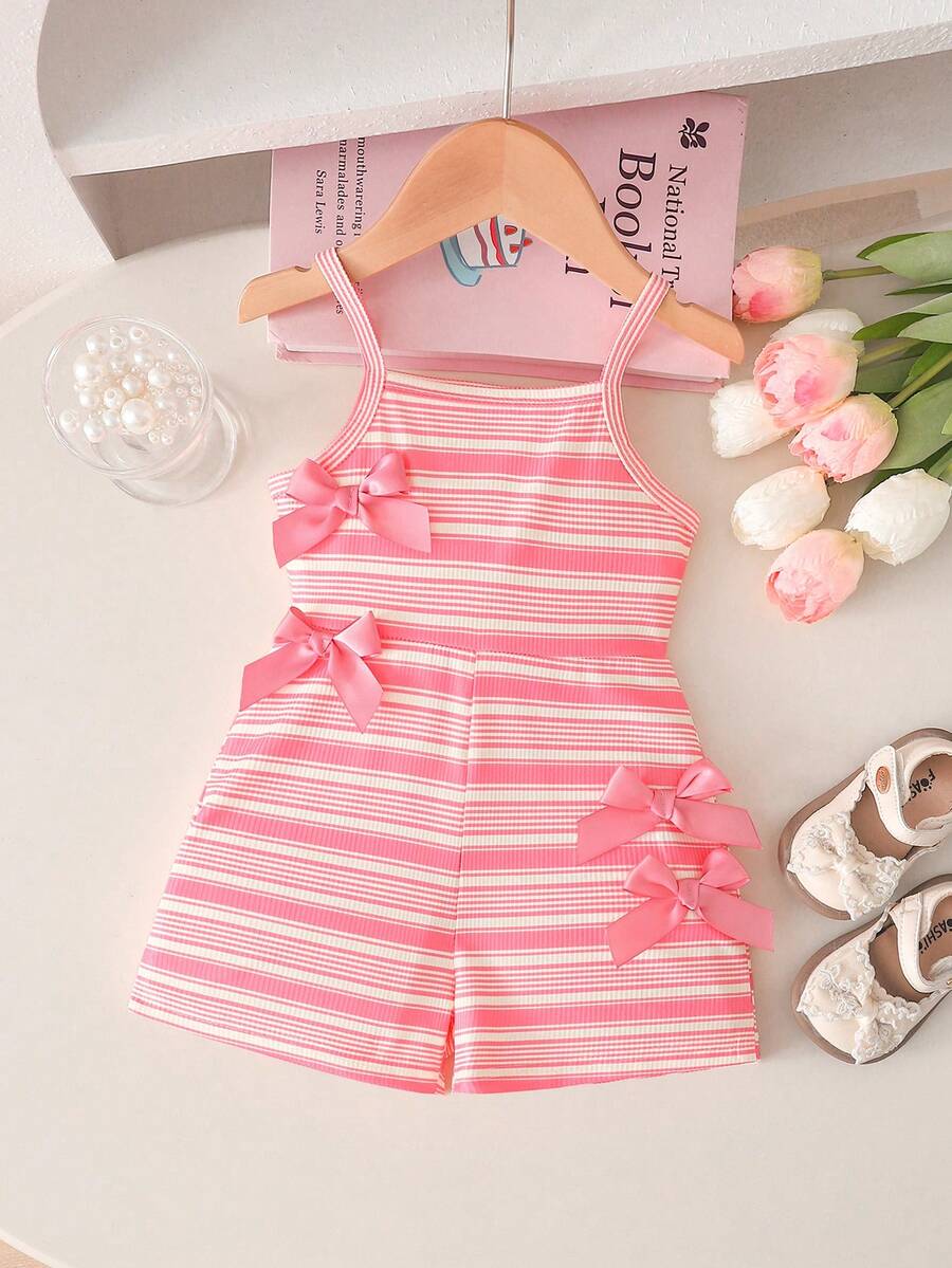 Cute Baby Girl Sleeveless Ribbed Short Jumpsuit With Bow Detail Casual Summer Wear