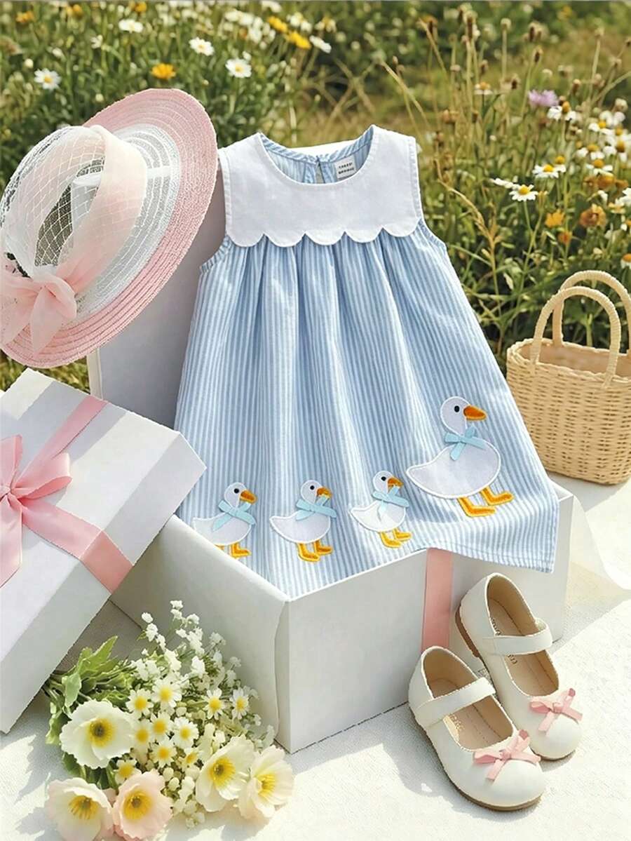 Sleeveless Long Dress with Embroidered Cartoon Duck for Toddler Girls