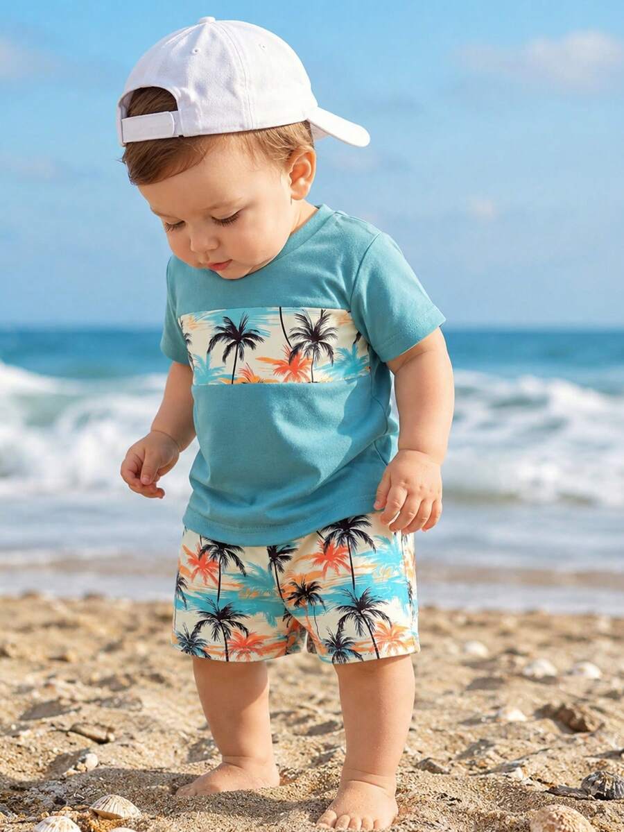 Baby Boy Sun Print T Shirt and Striped Shorts 2 Piece Summer Vacation Outfit Set