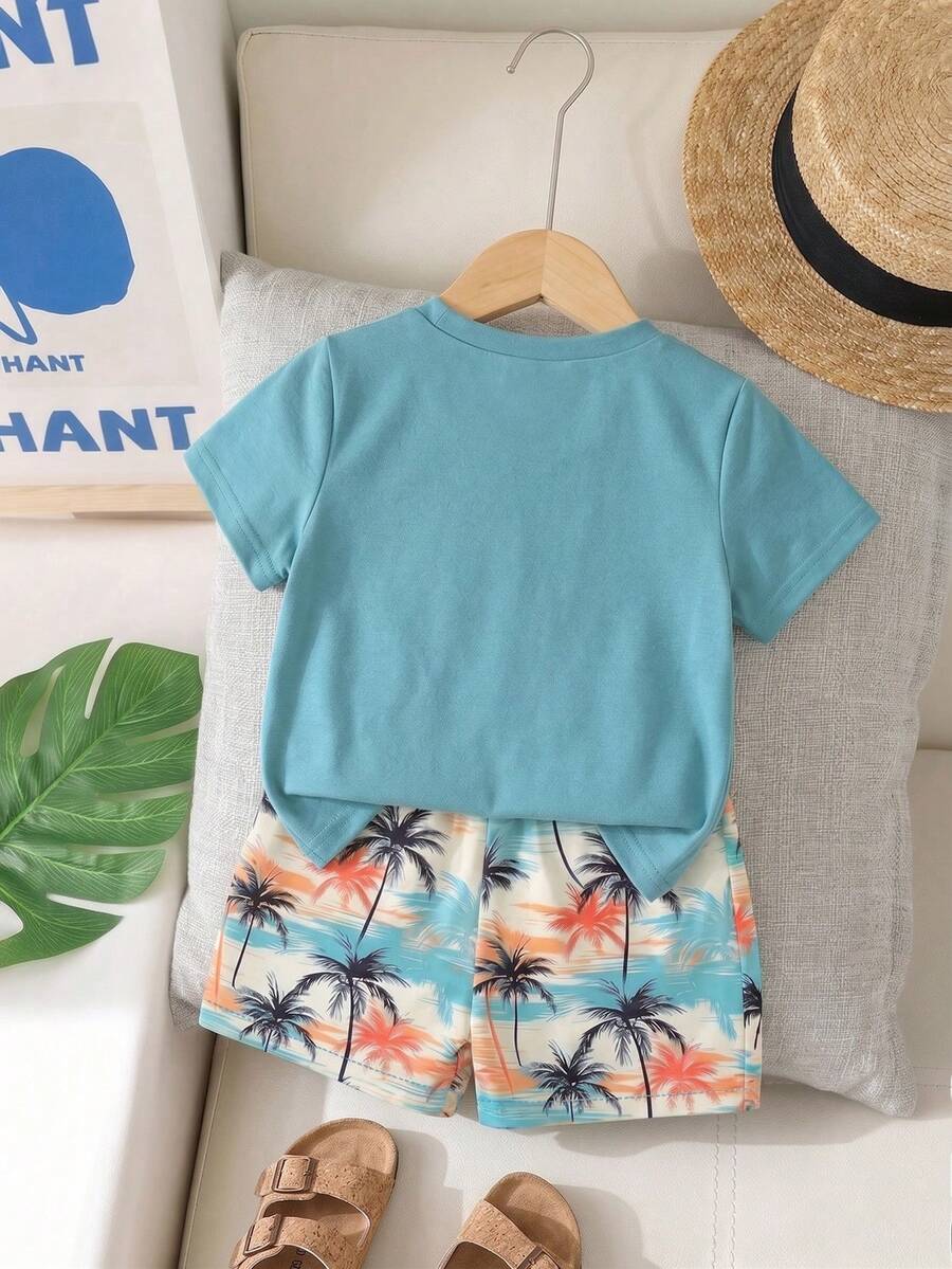 Baby Boy Sun Print T Shirt and Striped Shorts 2 Piece Summer Vacation Outfit Set