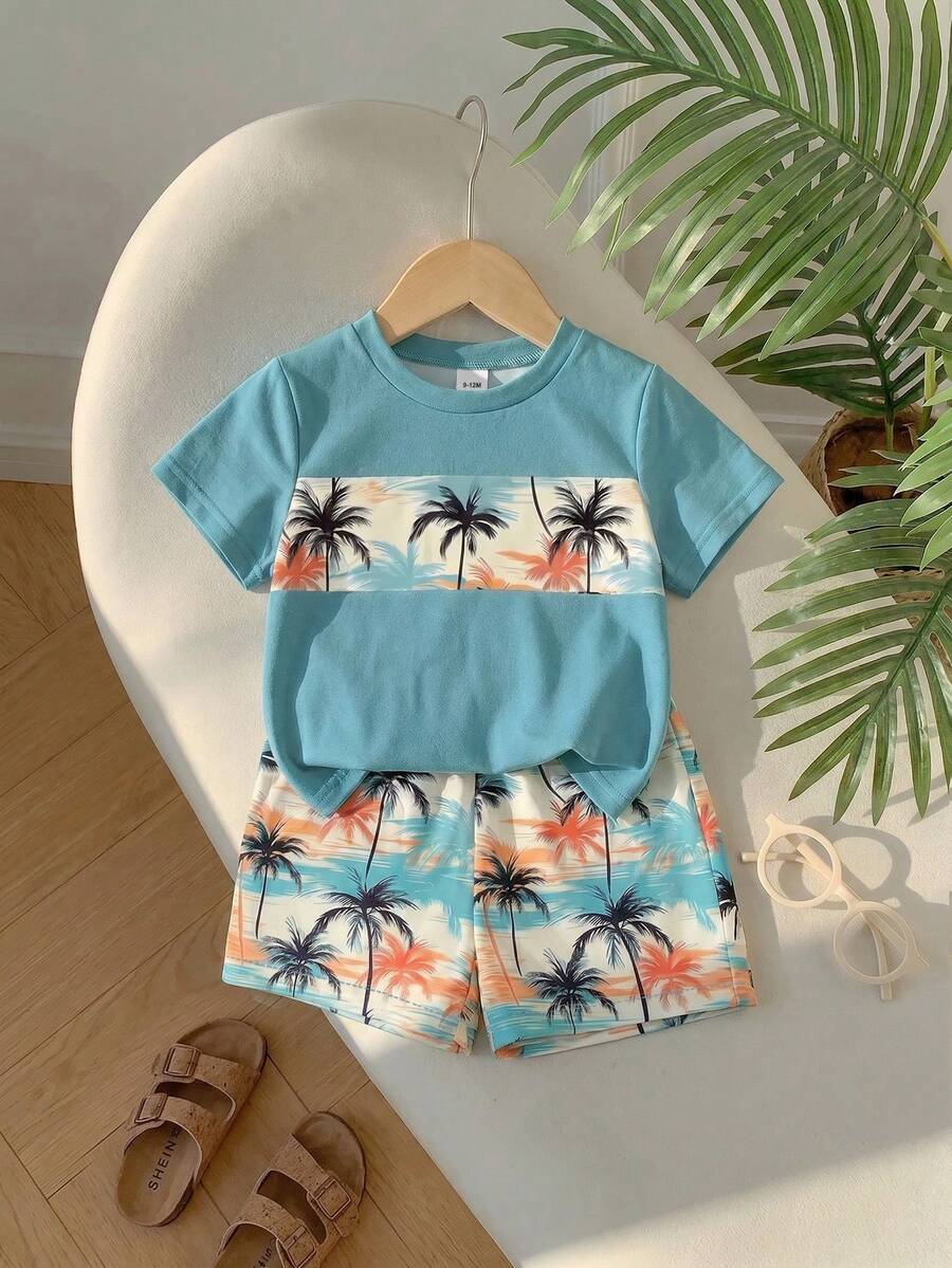 Baby Boy Sun Print T Shirt and Striped Shorts 2 Piece Summer Vacation Outfit Set