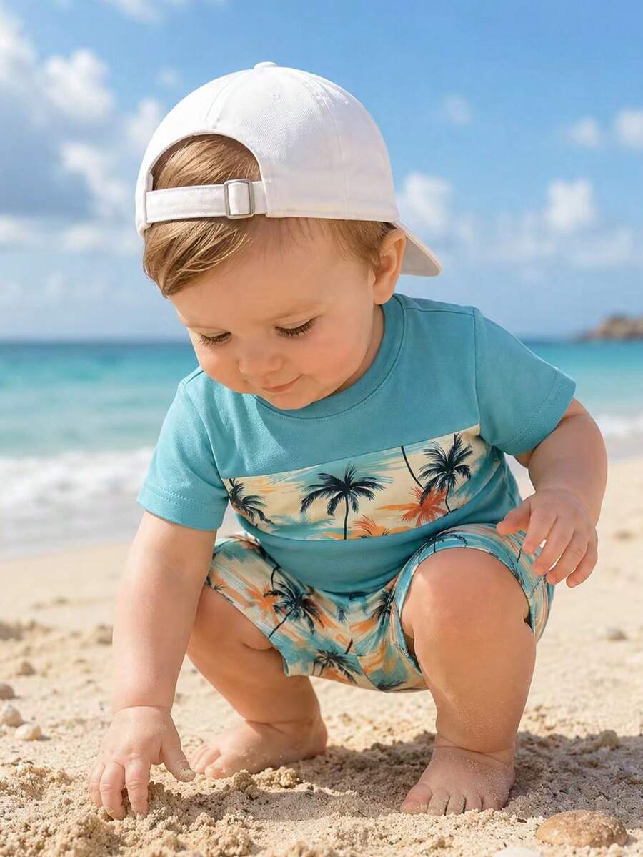 Baby Boy Sun Print T Shirt and Striped Shorts 2 Piece Summer Vacation Outfit Set