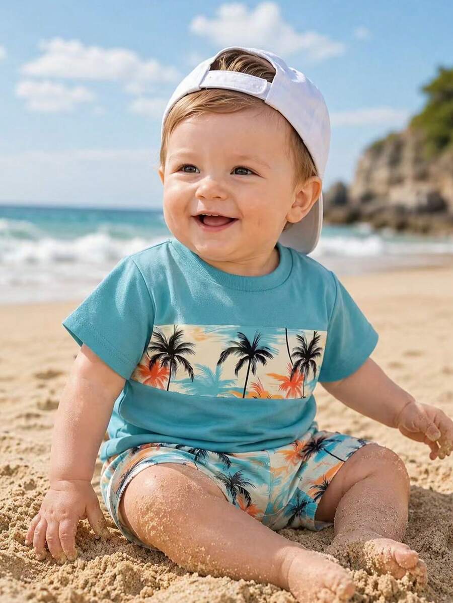 Baby Boy Sun Print T Shirt and Striped Shorts 2 Piece Summer Vacation Outfit Set