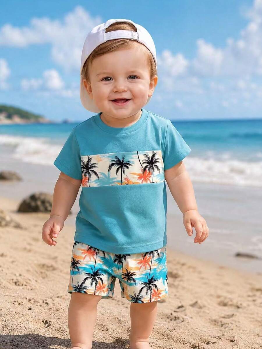 Baby Boy Sun Print T Shirt and Striped Shorts 2 Piece Summer Vacation Outfit Set