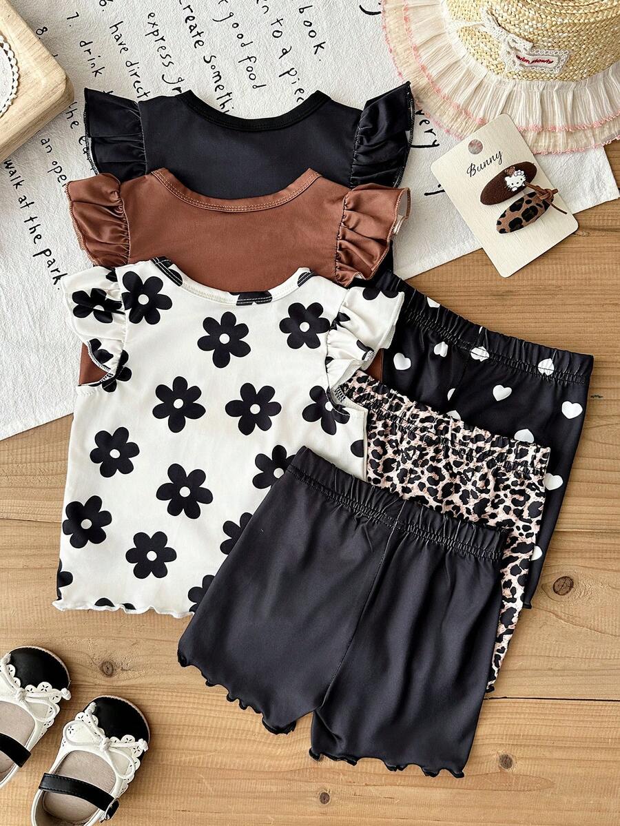8-Piece Multi-Color Ribbed Short Sleeve Top and Shorts Set for Baby Girls