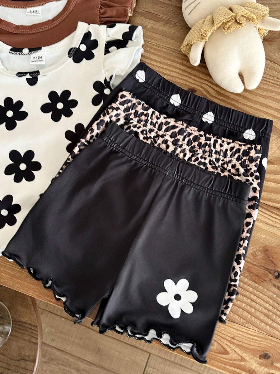 8-Piece Multi-Color Ribbed Short Sleeve Top and Shorts Set for Baby Girls