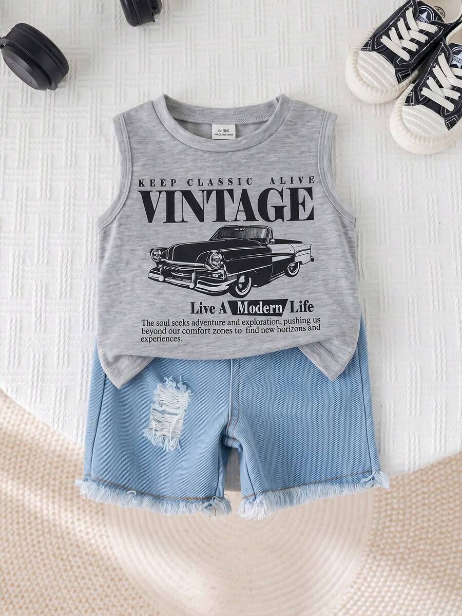 Baby Boy Car Graphic Tank Top and Denim Shorts 2 Piece Casual Summer Outfit Set