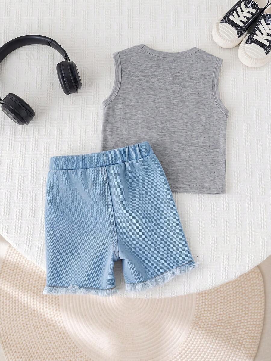Baby Boy Car Graphic Tank Top and Denim Shorts 2 Piece Casual Summer Outfit Set