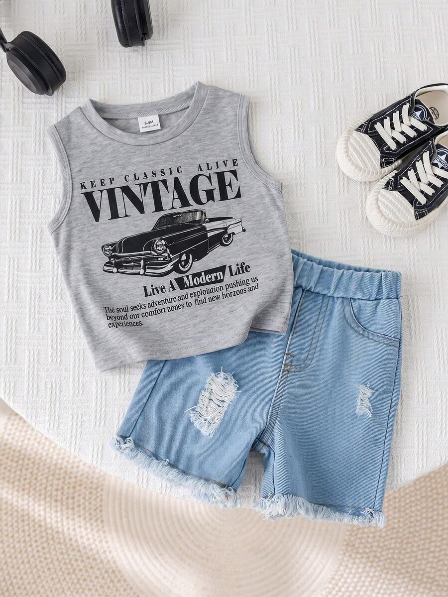 Baby Boy Car Graphic Tank Top and Denim Shorts 2 Piece Casual Summer Outfit Set