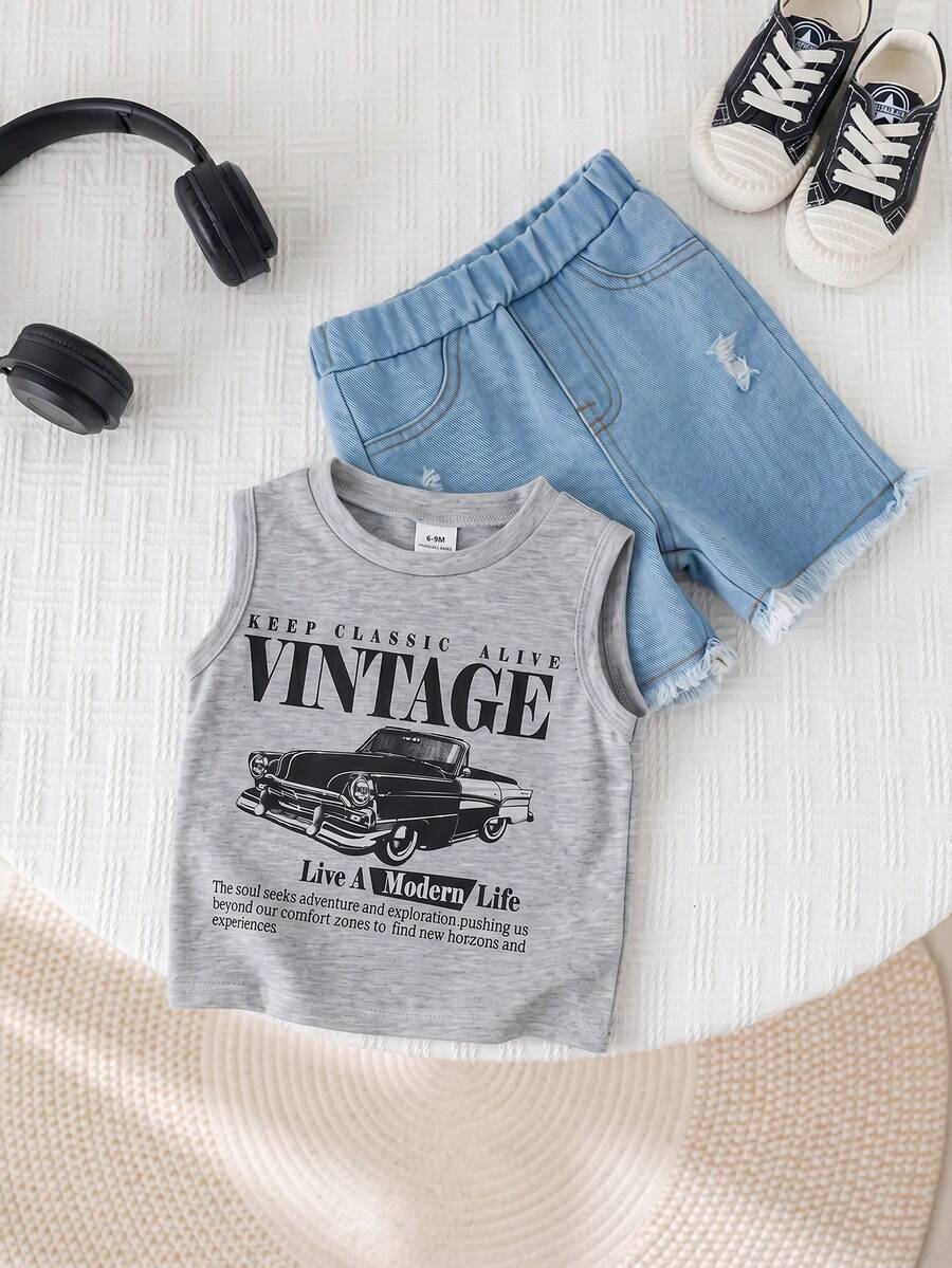 Baby Boy Car Graphic Tank Top and Denim Shorts 2 Piece Casual Summer Outfit Set
