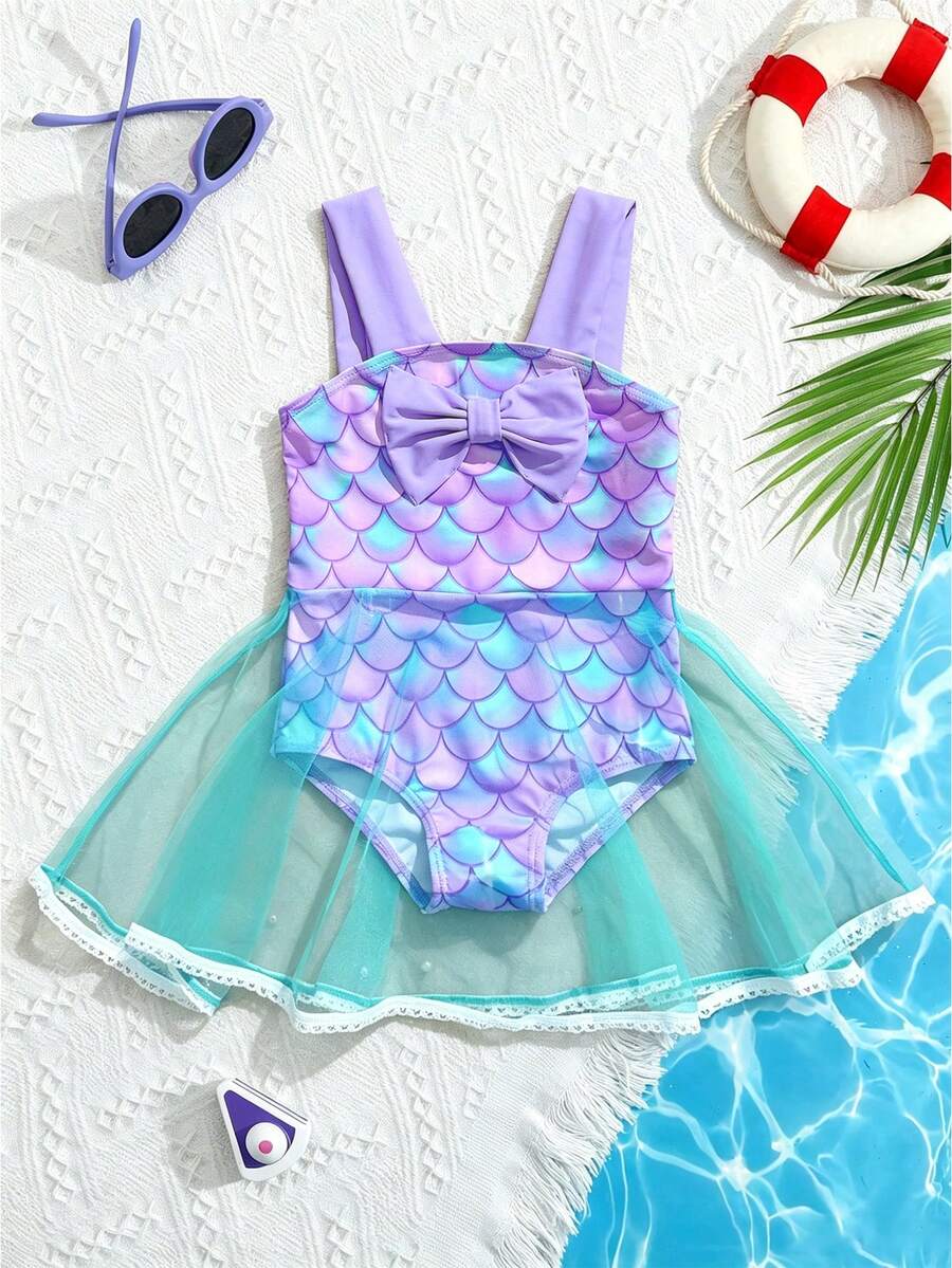 Baby Girls Mermaid Fish Scale One Piece Swimsuit Cute Ocean Princess Beachwear