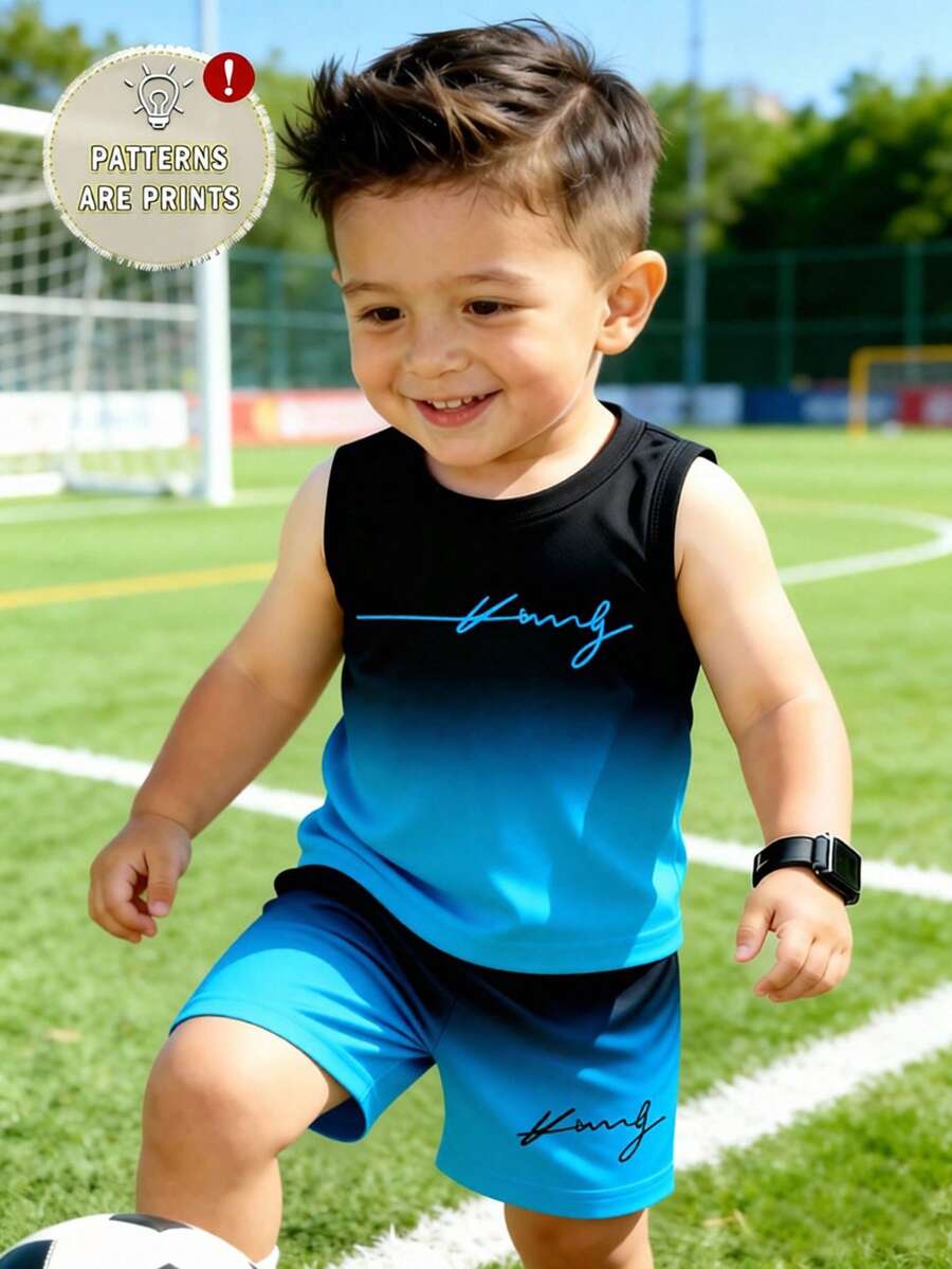 Baby Boy Gradient Logo Print Tank Top and Shorts 2 Piece Casual Summer Outfit Set