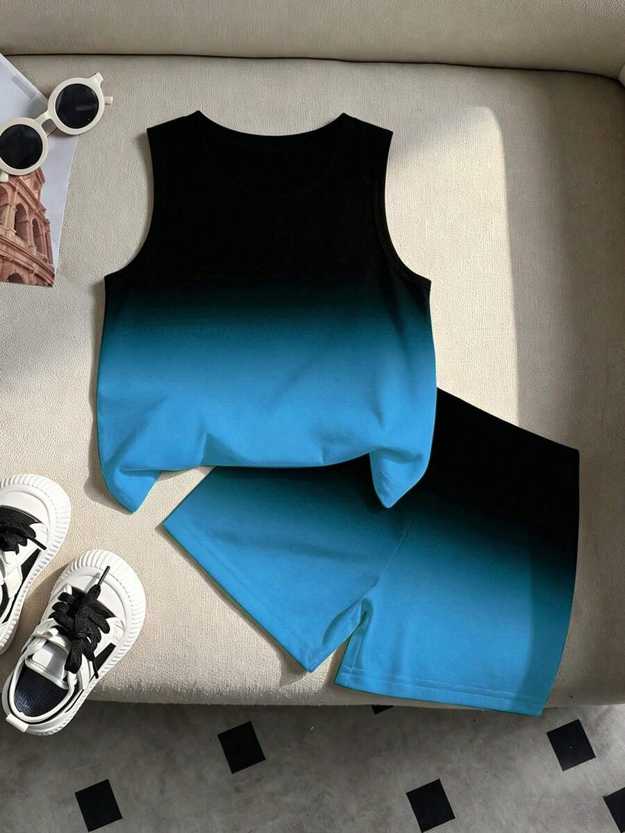 Baby Boy Gradient Logo Print Tank Top and Shorts 2 Piece Casual Summer Outfit Set
