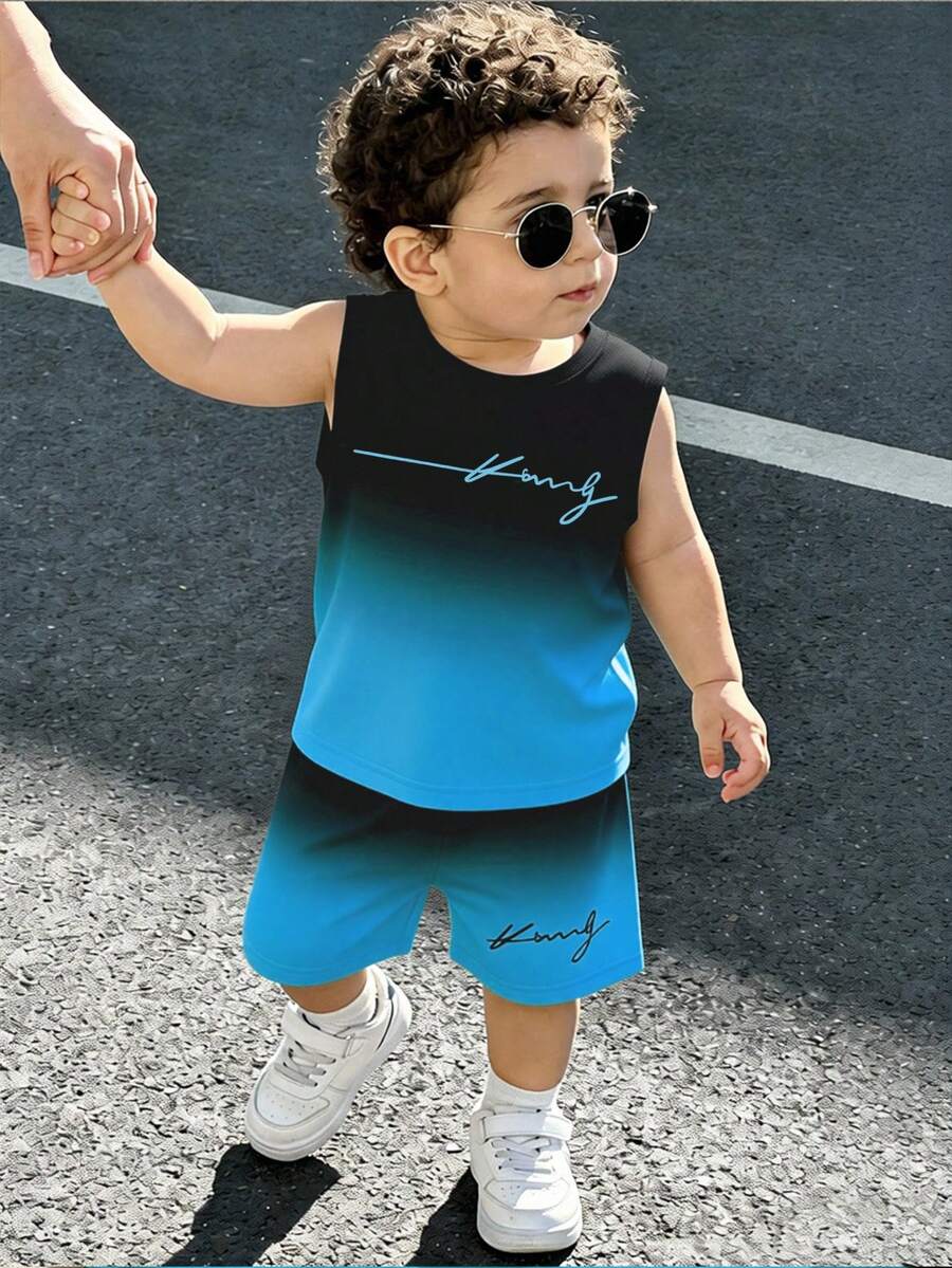 Baby Boy Gradient Logo Print Tank Top and Shorts 2 Piece Casual Summer Outfit Set