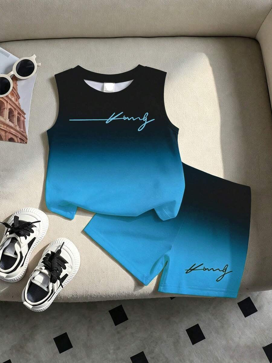 Baby Boy Gradient Logo Print Tank Top and Shorts 2 Piece Casual Summer Outfit Set