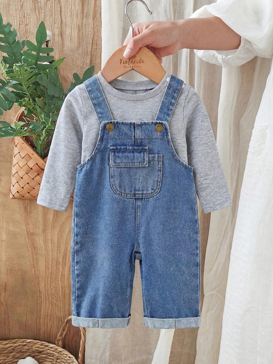 Baby Boy Solid Tee and Roll Up Hem Denim Overall Jumpsuit Casual Spring Summer Outfit Set