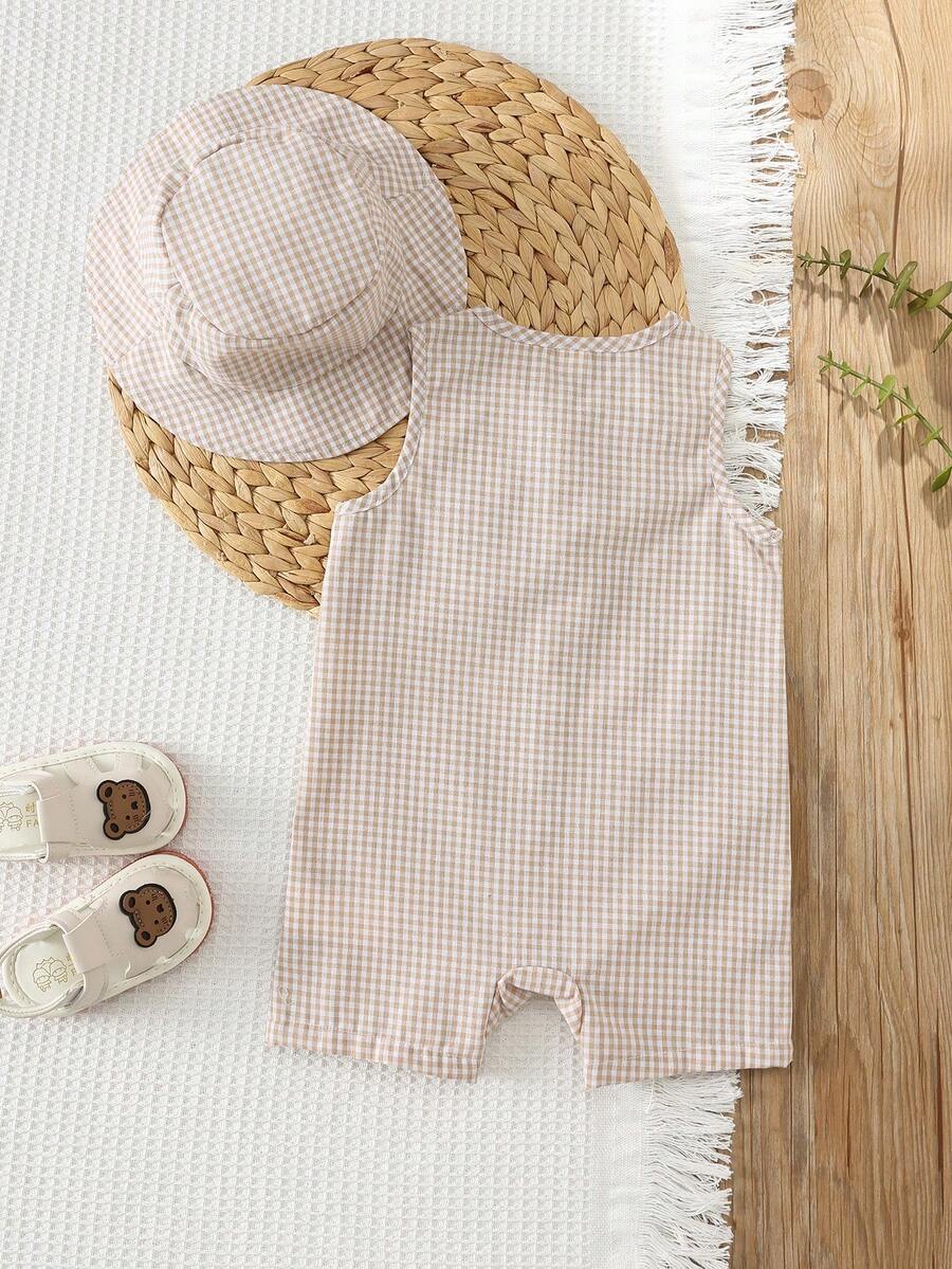 Unisex Baby Green White Striped Sleeveless Jumpsuit and Bucket Hat 2 Piece Summer Vacation Outfit Set