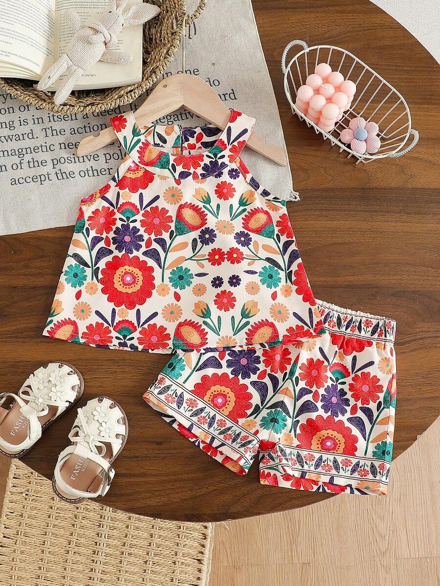 Cute Two Piece Floral Summer Clothing Set For Little Girls Elegant Style