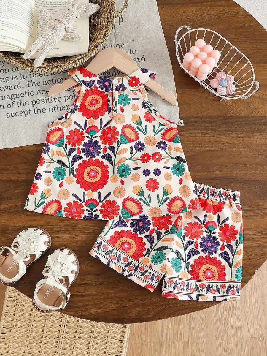 Cute Two Piece Floral Summer Clothing Set For Little Girls Elegant Style