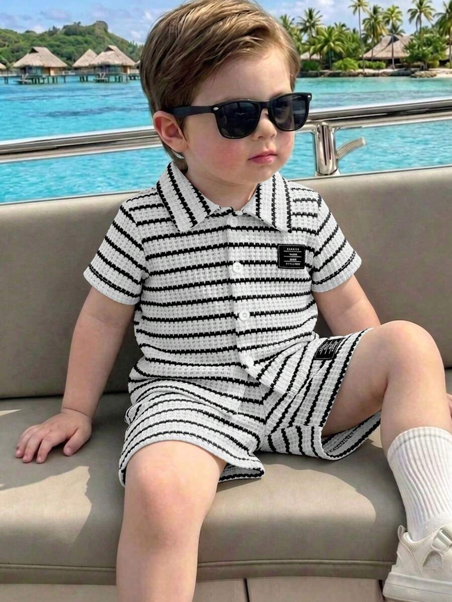 Infant Baby Boy Green White Striped Waffle Knit Polo Shirt and Shorts 2 Piece Casual Outfit Set