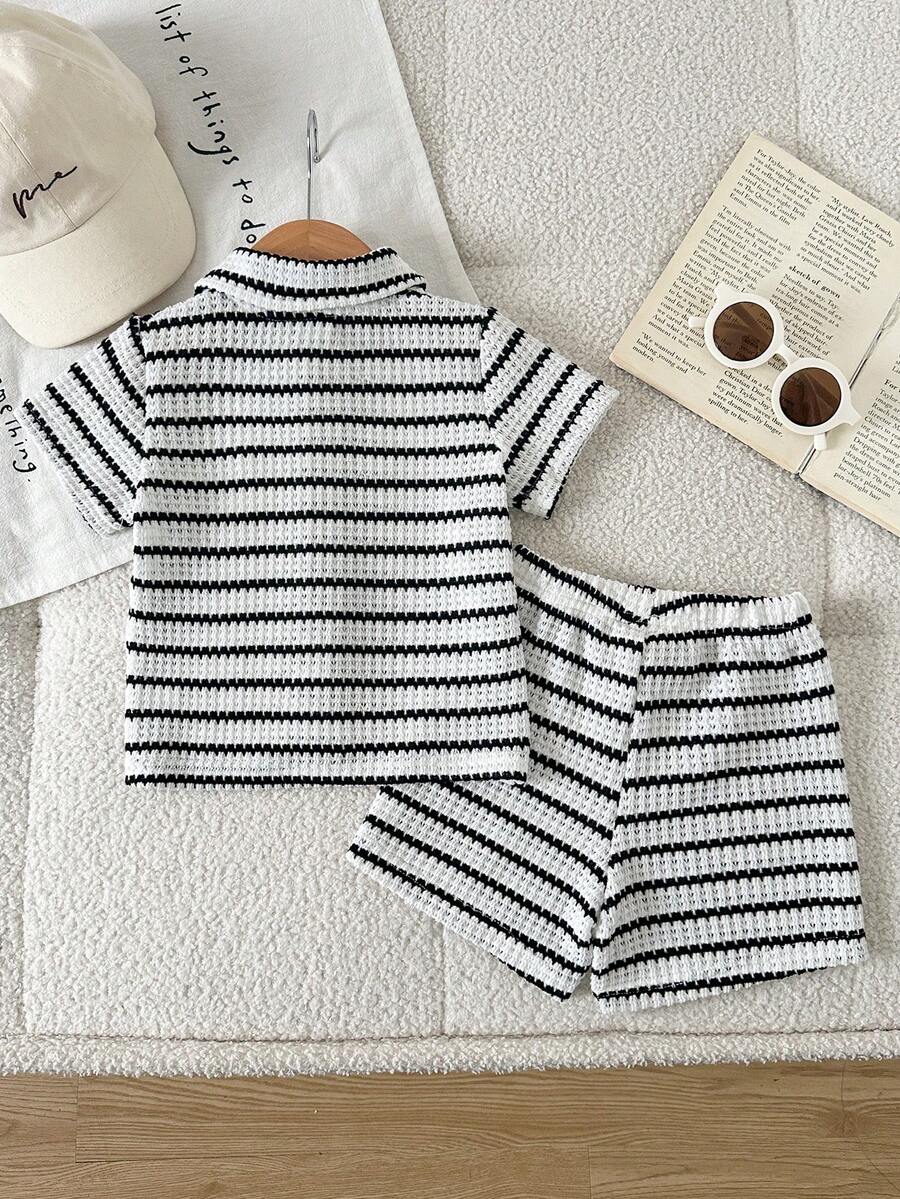 Infant Baby Boy Green White Striped Waffle Knit Polo Shirt and Shorts 2 Piece Casual Outfit Set