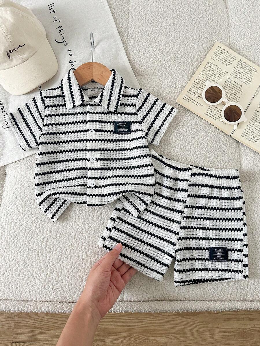 Infant Baby Boy Green White Striped Waffle Knit Polo Shirt and Shorts 2 Piece Casual Outfit Set