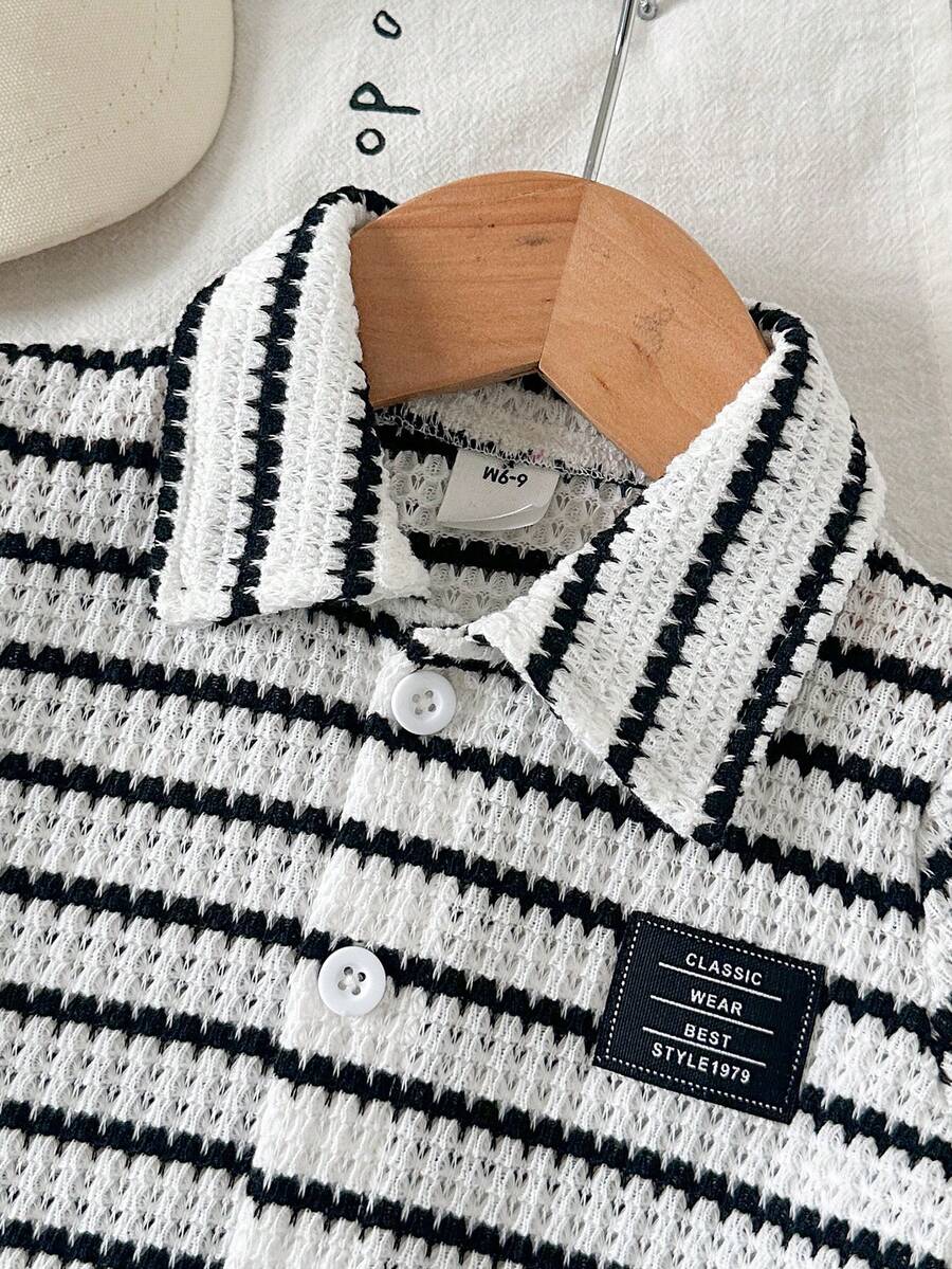 Infant Baby Boy Green White Striped Waffle Knit Polo Shirt and Shorts 2 Piece Casual Outfit Set
