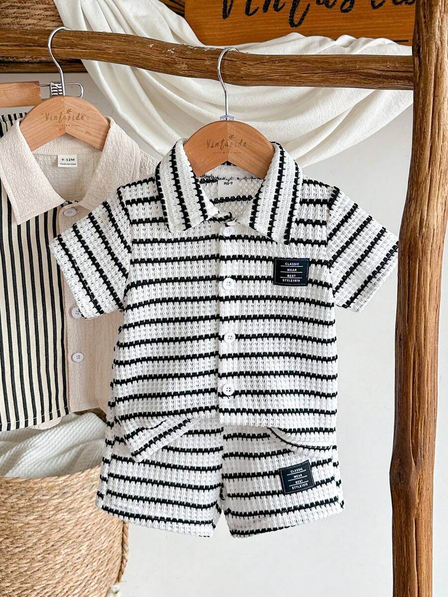 Infant Baby Boy Green White Striped Waffle Knit Polo Shirt and Shorts 2 Piece Casual Outfit Set