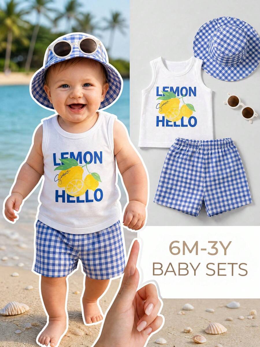 Baby Boy Letter Print Top Coconut Tree Print Shorts and Hat 3 Piece Summer Beach Vacation Outfit Set
