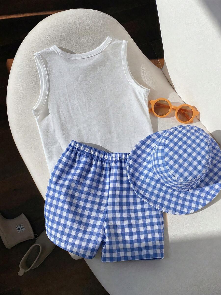 Baby Boy Letter Print Top Coconut Tree Print Shorts and Hat 3 Piece Summer Beach Vacation Outfit Set