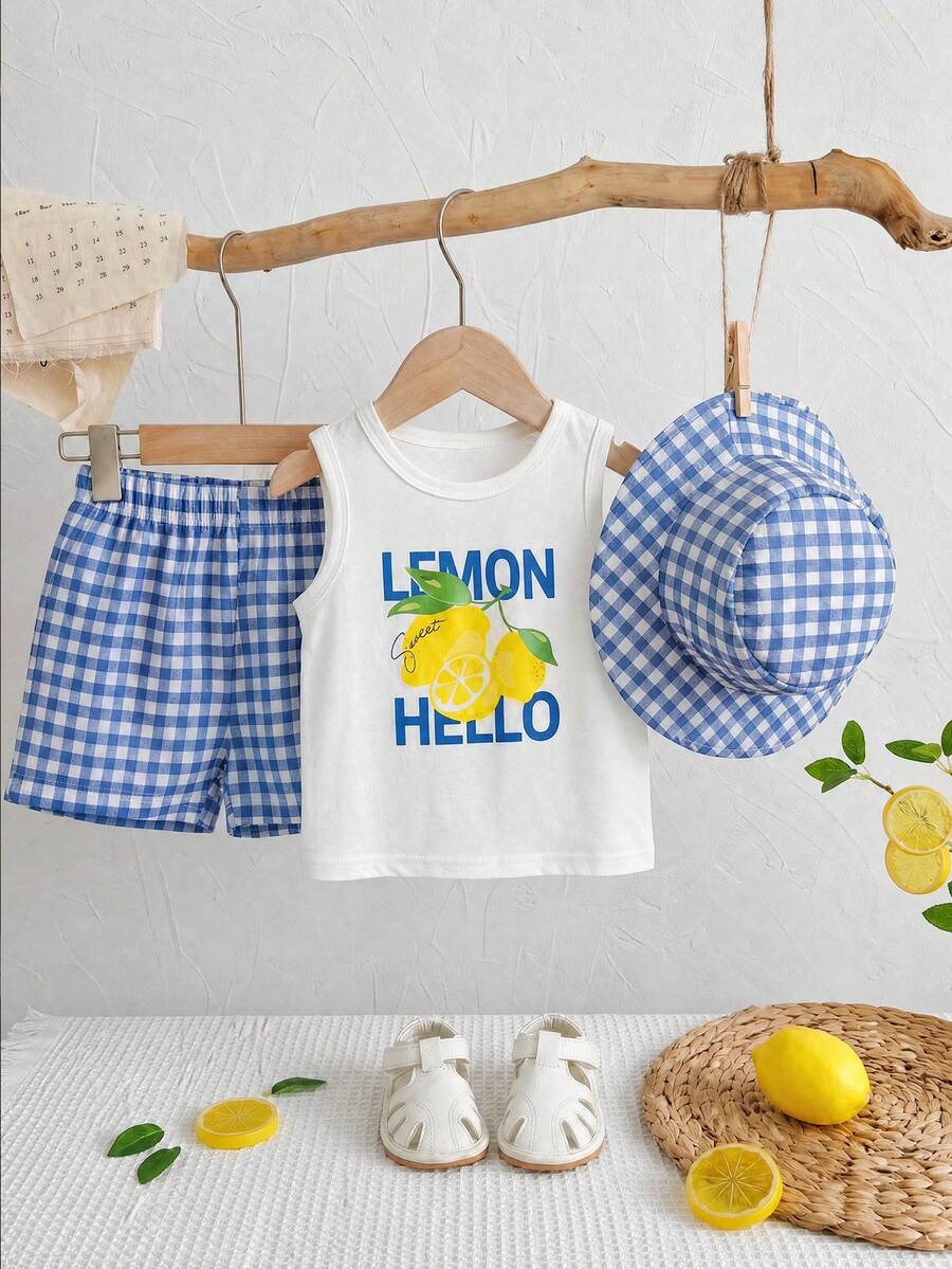 Baby Boy Letter Print Top Coconut Tree Print Shorts and Hat 3 Piece Summer Beach Vacation Outfit Set