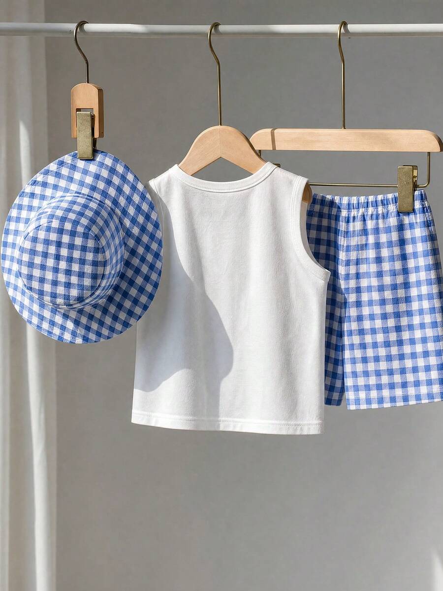 Baby Boy Letter Print Top Coconut Tree Print Shorts and Hat 3 Piece Summer Beach Vacation Outfit Set