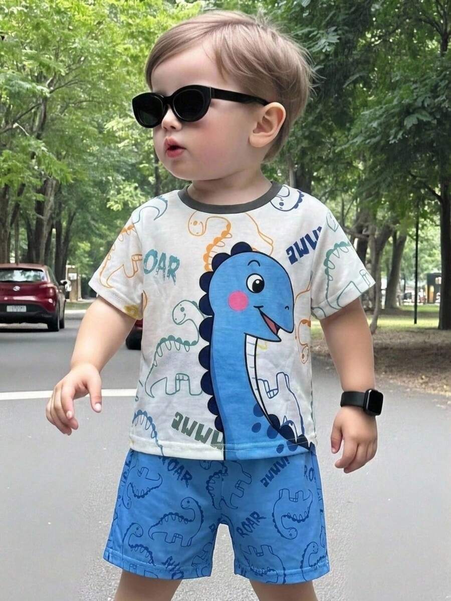 Baby Boy Animal Crayon Print T Shirt and Knitted Shorts 2 Piece Casual Spring Summer Outfit Set