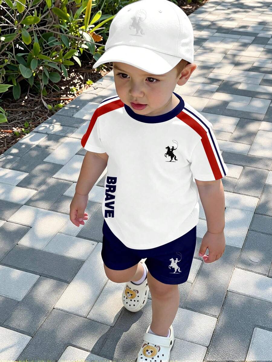 Baby Boy Brave Text Graphic Print T Shirt and Shorts Casual Summer Outfit Set