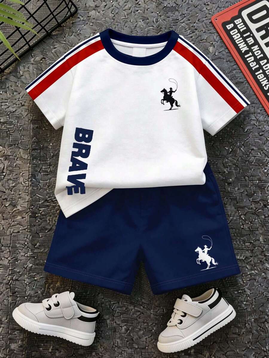 Baby Boy Brave Text Graphic Print T Shirt and Shorts Casual Summer Outfit Set