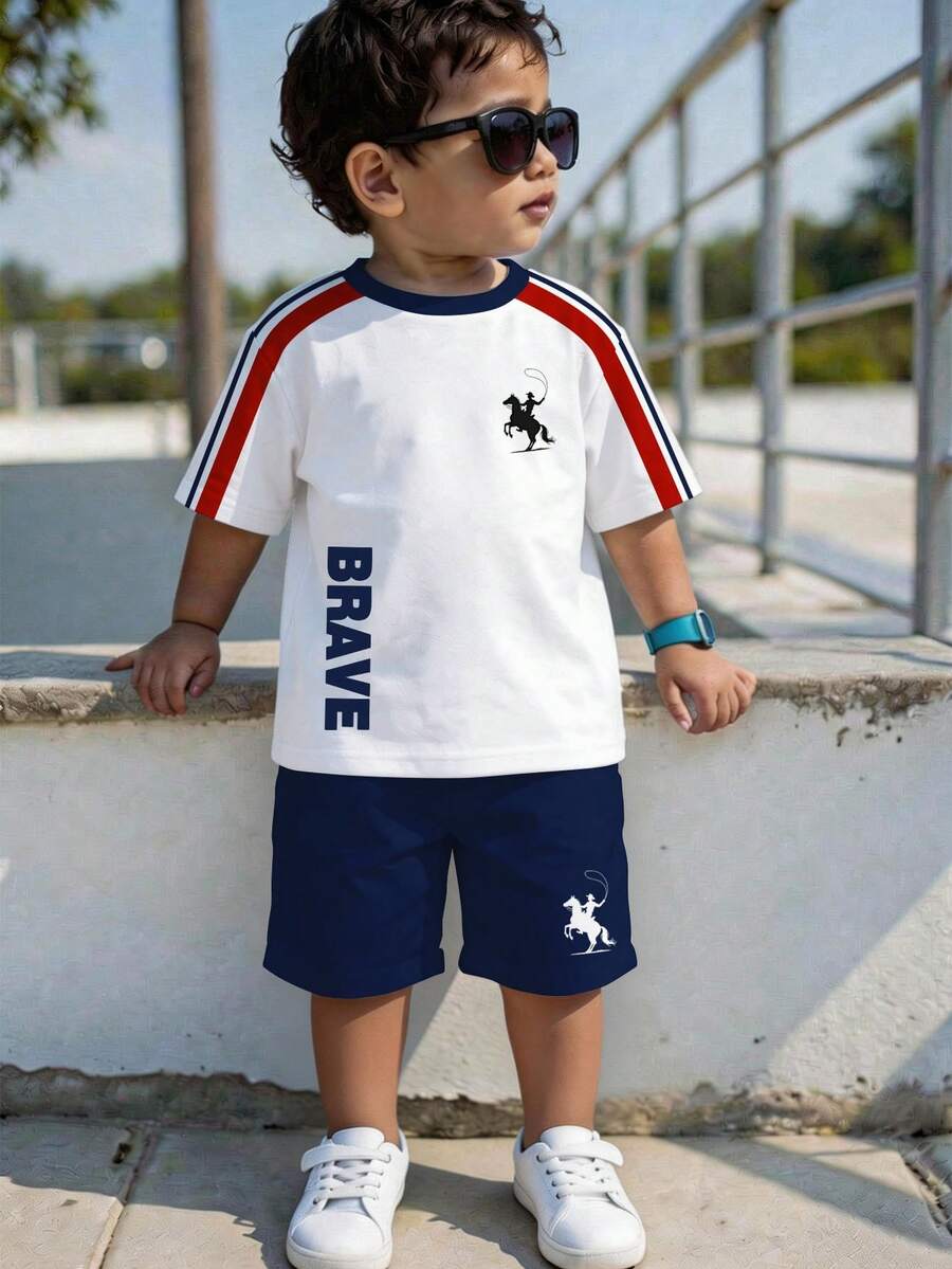 Baby Boy Brave Text Graphic Print T Shirt and Shorts Casual Summer Outfit Set