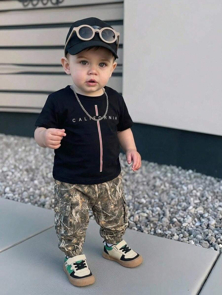 Baby Boy Letter Print T Shirt and Large Pocket Pants 2 Piece Casual Outfit Set for Spring Summer Autumn