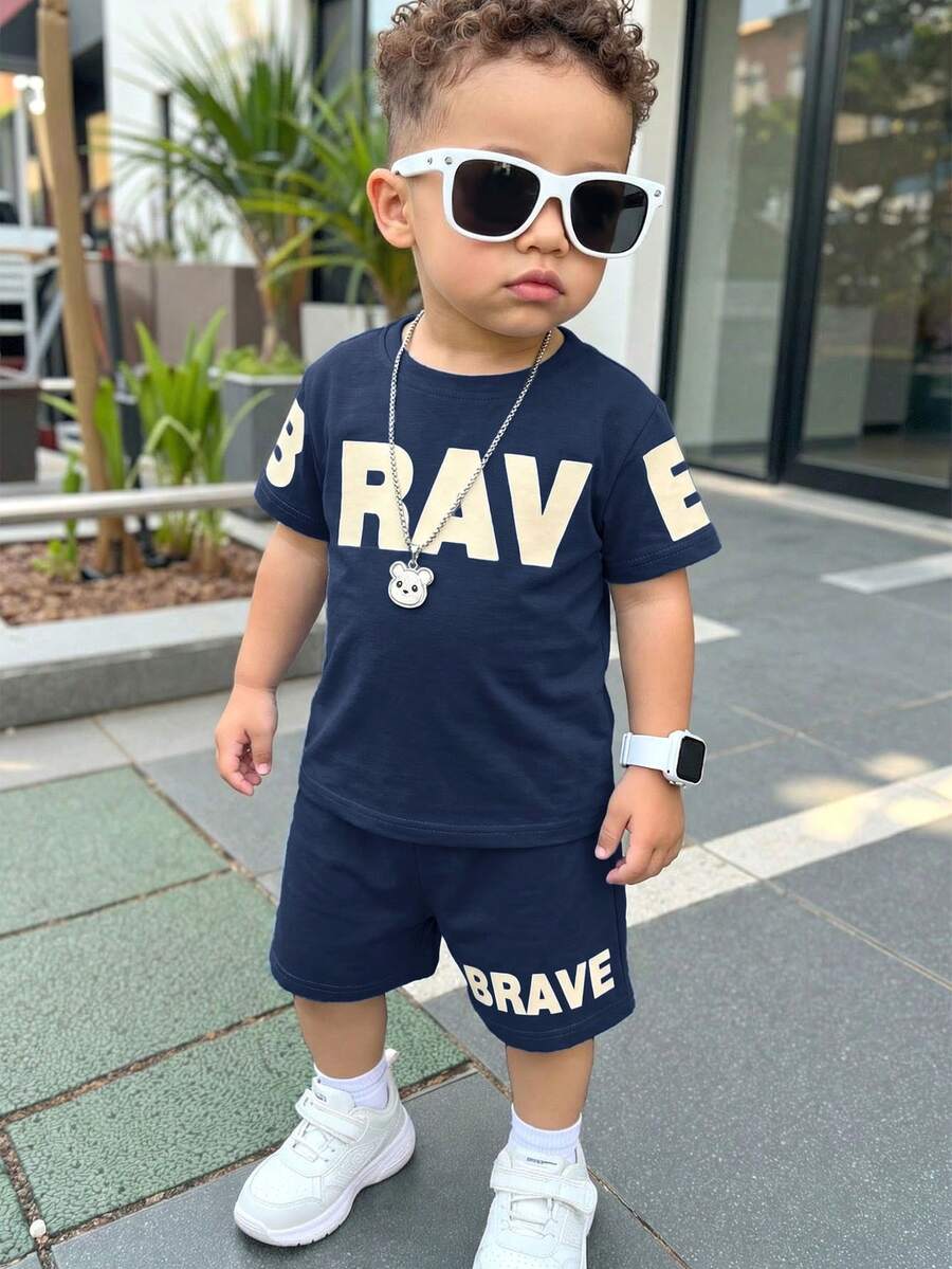 Baby Boy Brave Text Graphic Print T Shirt and Shorts Casual Summer Outfit Set