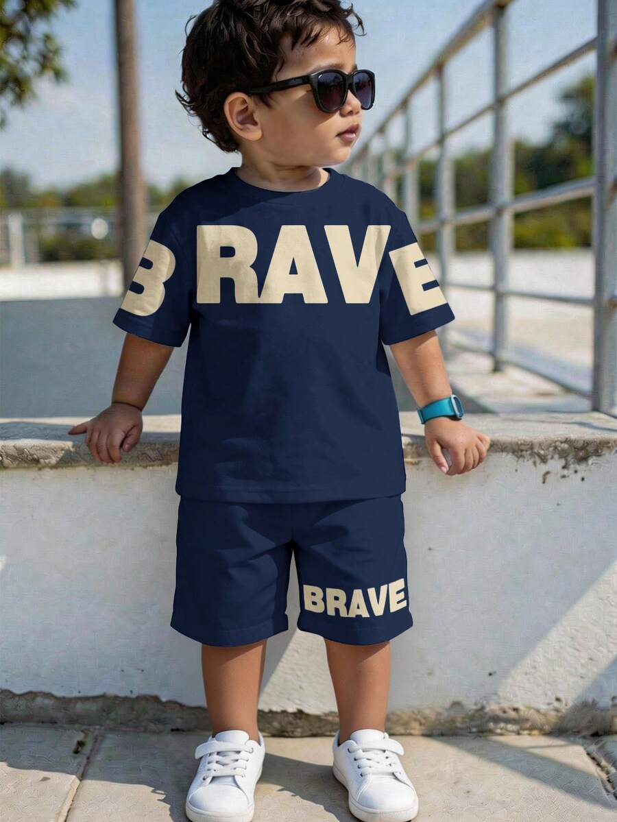 Baby Boy Brave Text Graphic Print T Shirt and Shorts Casual Summer Outfit Set