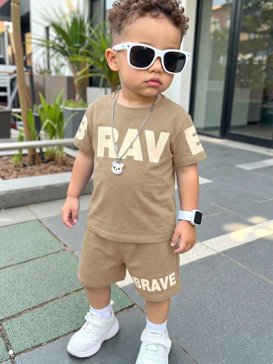 Baby Boy Brave Text Graphic Print T Shirt and Shorts Casual Summer Outfit Set