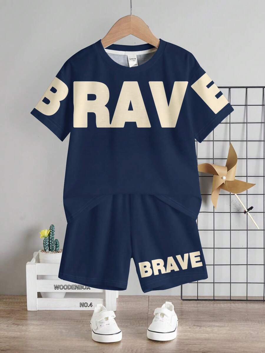 Baby Boy Brave Text Graphic Print T Shirt and Shorts Casual Summer Outfit Set