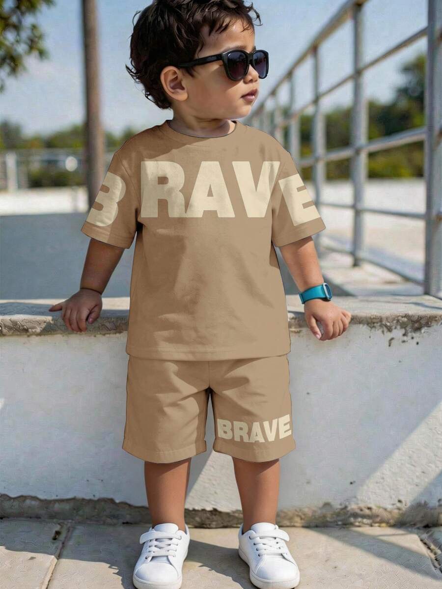 Baby Boy Brave Text Graphic Print T Shirt and Shorts Casual Summer Outfit Set
