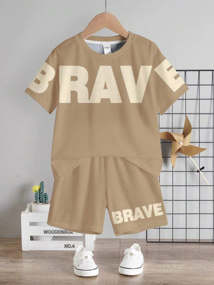 Baby Boy Brave Text Graphic Print T Shirt and Shorts Casual Summer Outfit Set