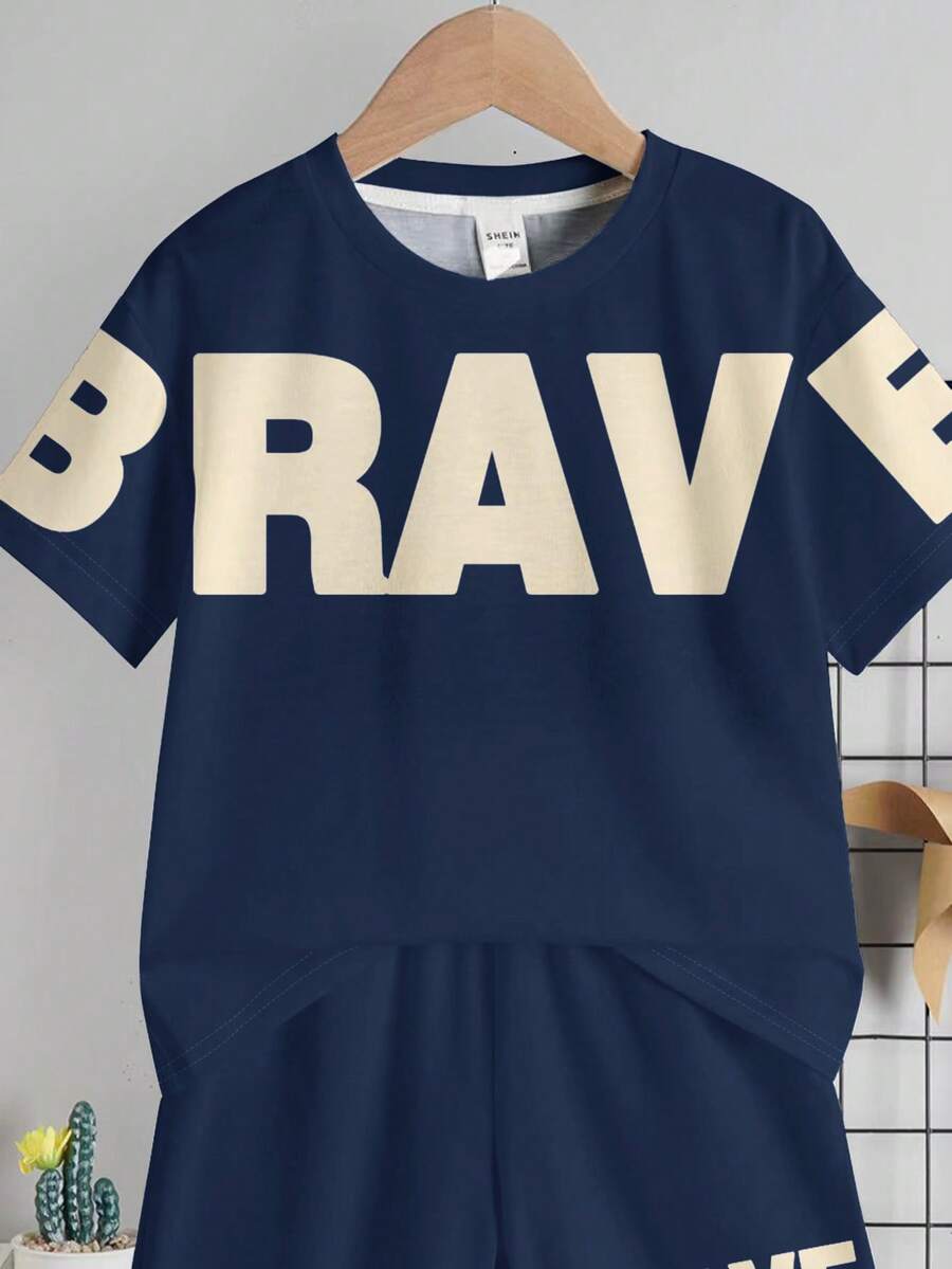 Baby Boy Brave Text Graphic Print T Shirt and Shorts Casual Summer Outfit Set