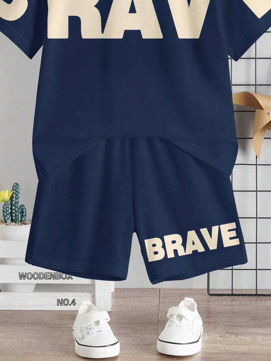 Baby Boy Brave Text Graphic Print T Shirt and Shorts Casual Summer Outfit Set