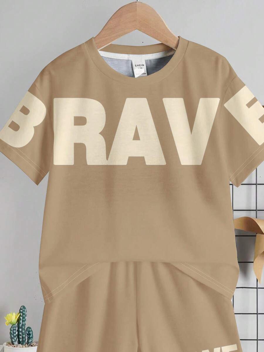 Baby Boy Brave Text Graphic Print T Shirt and Shorts Casual Summer Outfit Set