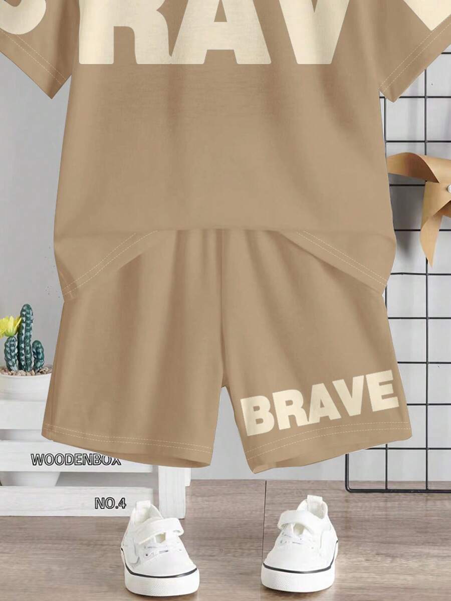 Baby Boy Brave Text Graphic Print T Shirt and Shorts Casual Summer Outfit Set